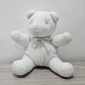 Ralph Lauren Pale Pastel Blue Teddy Bear Plush Sewn Eyes Bow Small Mini Rattle